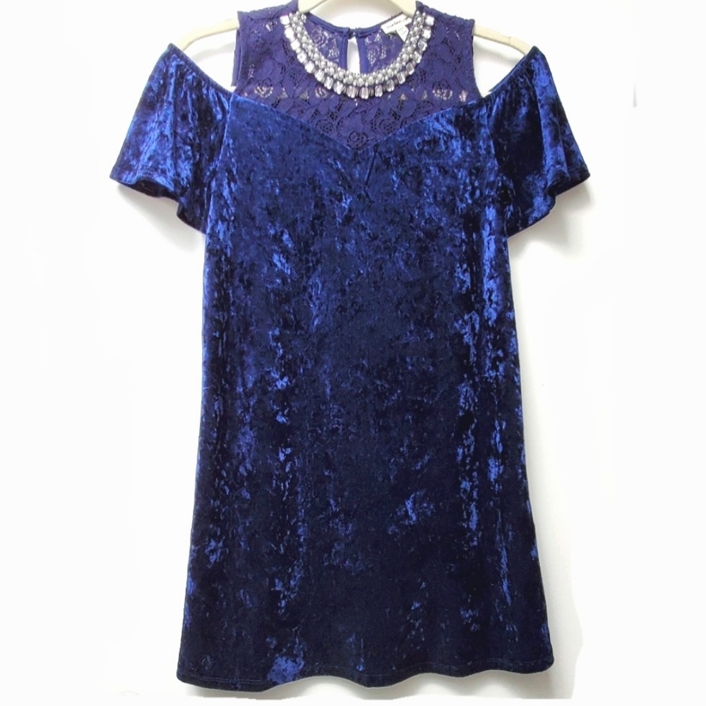 Monteau Girls Blue Velvet Lace Pearls Rhinestones Festive Party Dress Size 12